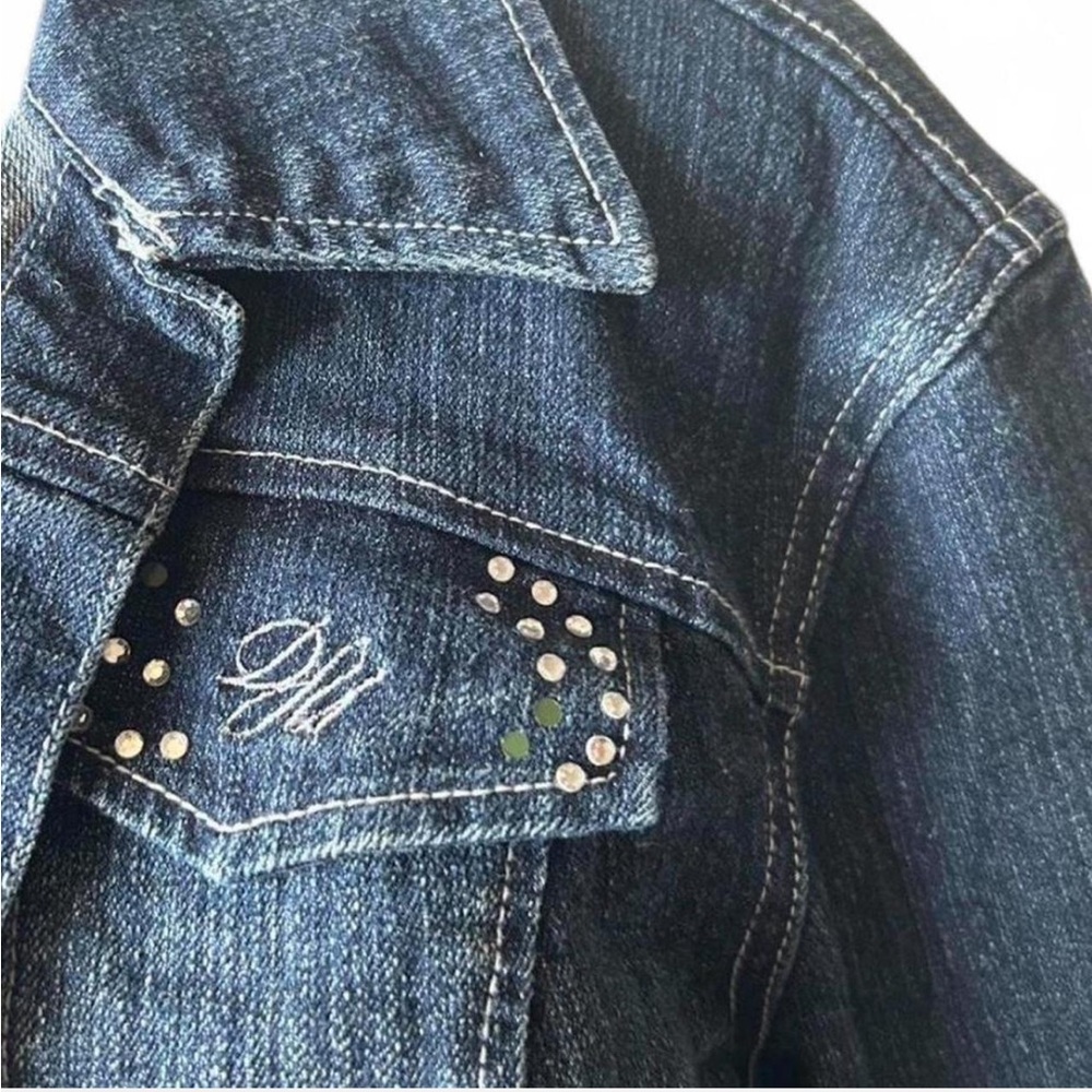 Women's Dark Blue Crop Denim Jacket with Rhinestone Details - Picture 4 of 6